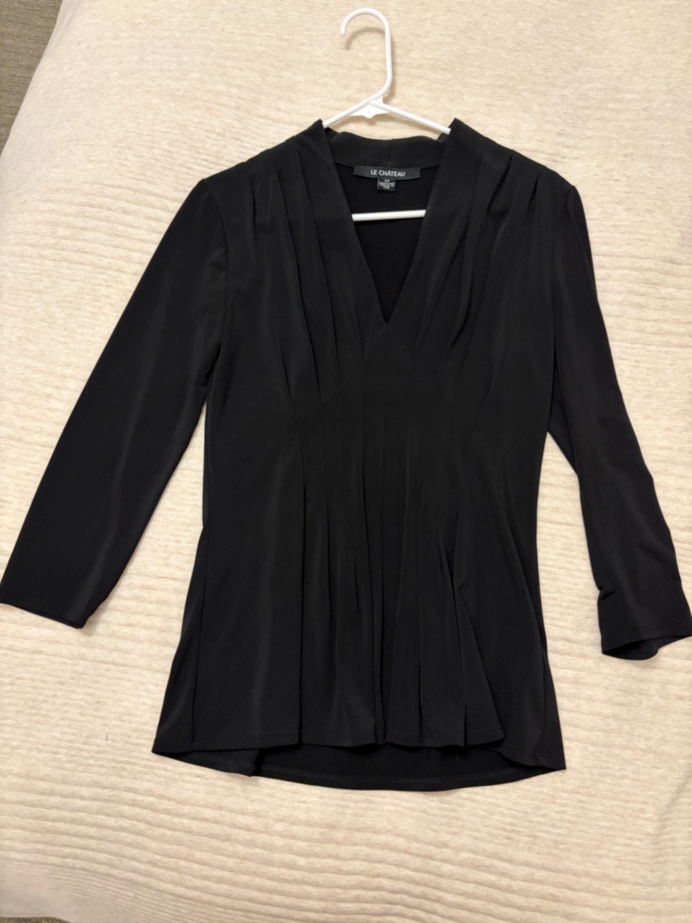 le chateau Black Long Sleeve Pleated V-Neck Dress